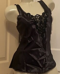 NWT Cinema Etoile Sexy Sissy Silky Black Embroidered Cami Lingerie Top L