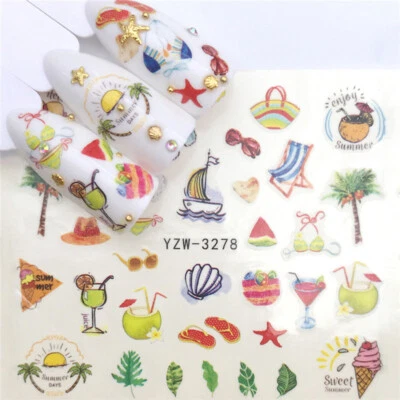 NAIL ART FLAMINGO Nail Art Wasser Aufkleber Transfers Sticker Sommer Urlaub Palme Cocktails 3278