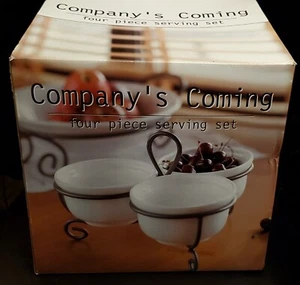 4 Pc White Earthenware Condiment Relish Serve Set With Iron Carrier Stand New - Picture 1 of 3