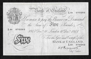 White Fiver £5 Banknote K O Peppiatt Thick Paper L01 prefix 11th Dec 1945 B255 - Picture 1 of 2