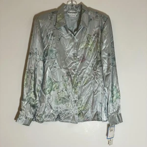 De Colección Joan Leslie Top Mujer 8 Verde Multi Floral Satén Abotonado Manga Larga NUEVO - Imagen 1 de 21