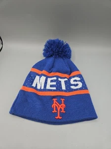New York Mets Womens Winter Beanie Pom Pom Knit Hat Cap Blue Orange MLB Baseball - Picture 1 of 6