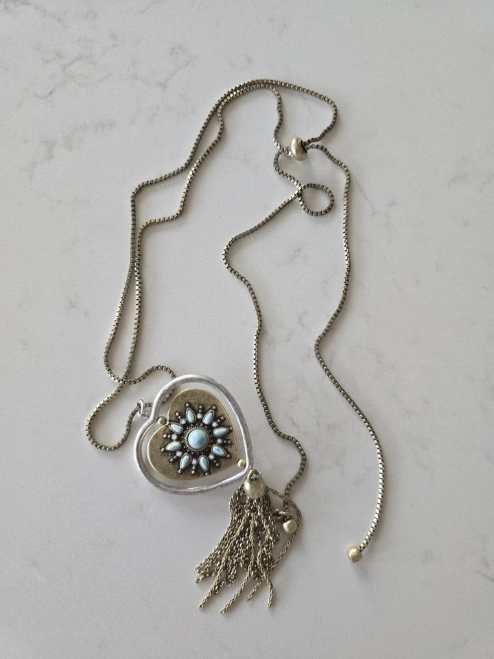 Lucky Brand Antique Gold Tone Reversible Heart Pendant Tassel Necklace - Image 1 of 4