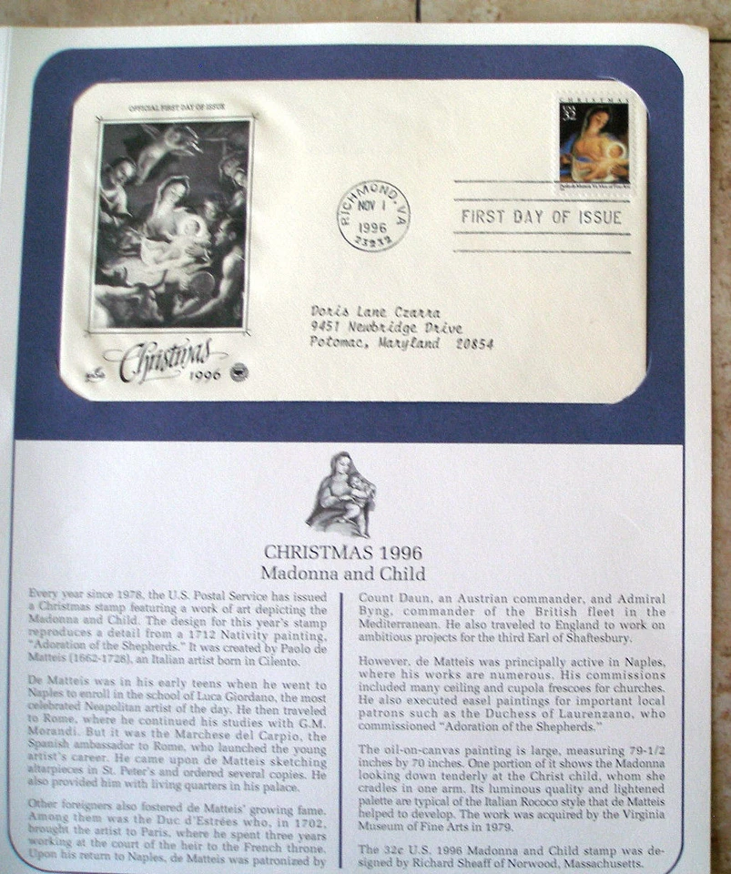 Firs Day Cover FDC stamp # 3107 32 cent Matteis MADONNA & CHILD Christmas 1996 - Image 1 of 1