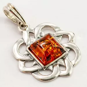 925 Solid Pure Sterling Silver Honey Baltic Amber Celtic Knot Beautiful Pendant - Picture 1 of 3