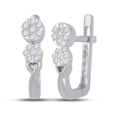 10k White Gold Diamond Flower Cluster Hoop Earrings 1/4 Ctw - Image 1 of 2