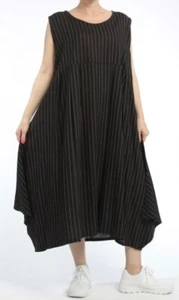 PLUS SIZE BLACK LINEN BLEND STRIPED FLARED A-LINE LONG DRESS Size 24-26 - Picture 1 of 5