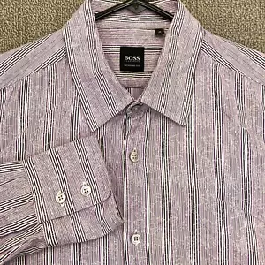 Camisa Hugo Boss con Botones Para Hombre Mangas Largas Medianas Púrpura Rayas Algodón Informal - Imagen 1 de 13