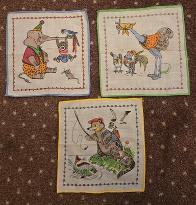 3 lenço infantil vintage animais urso peixe elefante rato avestruz 8"" quadrado cada - Imagem 1 de 4