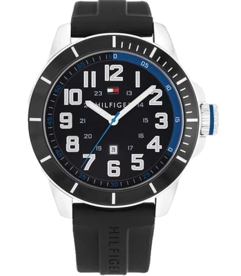 TOMMY HILFIGER 1791072 BLACK DIAL BLACK SILICONE STRAP 48MM MENS WATCH - Image 1 of 4