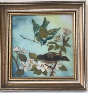 Square framed Birds Painted on glass Picture Gilt frame Needs TLC - Picture 1 of 10