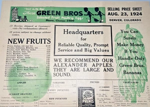 1924 GREEN BROTHERS DENVER COLORADO PRICE SHEET FOR PRODUCE, JAMS, BEER+ FP159 - Picture 1 of 15