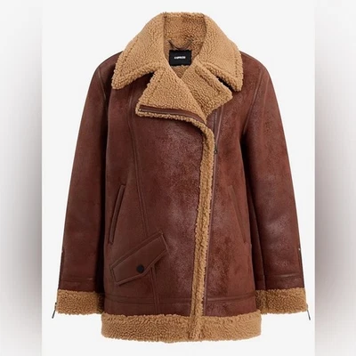 CHAQUETA DE MOTO SHERPA DE GAMUZA SINTÉTICA Express NUEVA CON ETIQUETAS Chaqueta de piel de oveja de nogal talla XS Foto 1 de 4