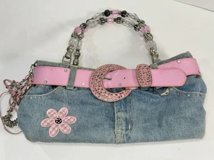 Borsa ABJ Jean manico perline rosa con fibbia cintura accento floreale borsetta denim - Foto 1 di 10