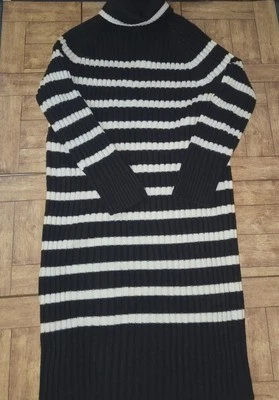 H&M Women’s M Black White Stripe Ribbed Sweater Dress Turtleneck Knit Midi - Image 1 of 4
