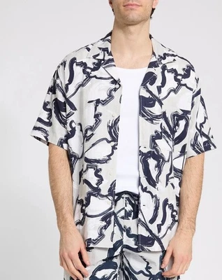 Dunnes Stores Linen Blend Short Sleeve Navy Abstract Shirt Casual Mens Large  - Image 1 of 4