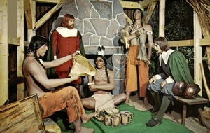 Cartolina Plymouth MA Museo Nazionale delle Cere Trattato Massasoit 1621 Pellegrini Samoset - Foto 1 di 2