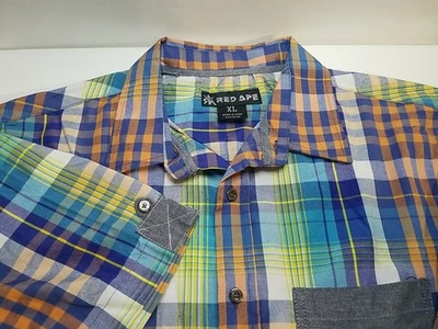 Camisa de hombre Red Ape talla XL colorida manga corta a cuadros con botones estilo diseñador Foto 1 de 4