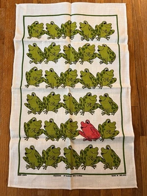 Vintage Ulster Irish Linen Geschirrtuch "Froggies" rot Froschmuster 1970er Irland - Bild 1 von 4