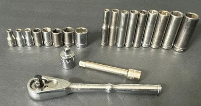 VINTAGE CRAFTSMAN TOOL 1/4” 6pt SAE DEEP STD 20pc SOCKET RATCHET SET 44812 VM G - Image 1 of 4