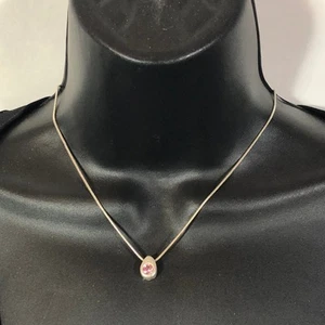 Pink Rhinestone Necklace Teardrop Pendant Silver Tone Chain Vintage Express - Picture 1 of 9