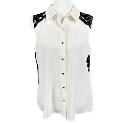 NWT Karl Lagerfeld Paris S Black Lace Gold Button Collared Sleeveless Top Blouse - Image 1 of 4