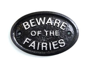 SILVER BEWARE OF THE FAIRIES GARDEN FENCE/WALL PLAQUE FOR FAIRY GARDEN - NEW - Picture 1 of 1