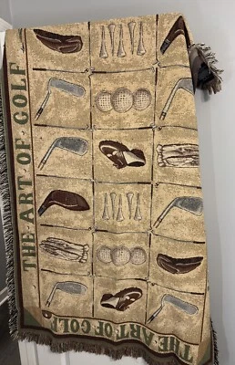 Preloved Vtg Goodwin Weavers The Art Of Golfing Tapestry Throw Blanket - Image 1 of 4