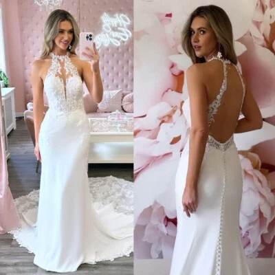 Sexy Satén Sirena Vestidos de Novia Halter Cuello Espalda Sin Espalda Barrido Tren Vestidos de Novia Foto 1 de 4