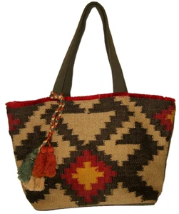 X-Large A&P Denim Southwest Bohemian Kilim Tote Bag Purse with Braided Tassels - Picture 1 of 10