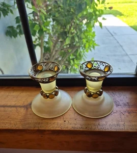 Vintage Partylite Taper Candle Holders Retro Paris Satin Amber Glass Cabochons - Picture 1 of 7