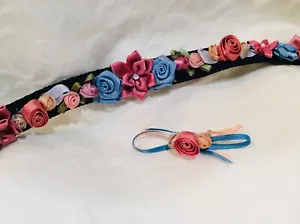 Silk Flower Designer blue mauve new Custom Handmade 18-20”  Dog Collar hair bow  - Picture 1 of 8