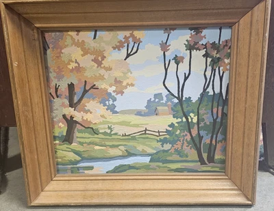 Pintura vintage por número 13x15 marco de madera maciza escena de granja "Edwin hizo esto" Foto 1 de 4