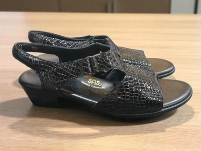 SAS Suntimer Embossed Patent Leather Black Sling Back Open Toe Sandals Size 11 - Image 1 of 4
