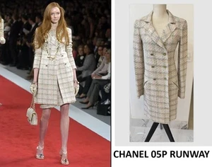 CHANEL RUNWAY TWEED FR 38 US 6 CC BUTTONS Double Breast Beige Long Jacket Coat - Picture 1 of 20