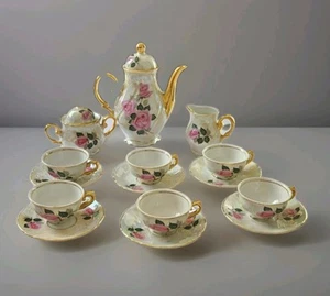 Wolfram Wiesau Bavaria Porcelain Coffee Set For 6 White & Pink Roses Gold Plated - Picture 1 of 11