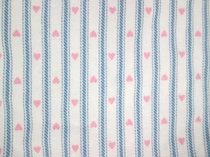 Vintage Pink Heart Blue Ticking Stripe Flannel Fabric Cotton 44" Wide 2 Yards - Picture 1 of 5
