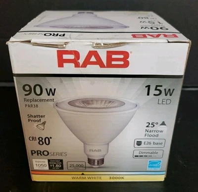 NEW RAB PAR38-15-830-25D-DIM 15W LED 25° Narow FLOOD LICHT Warm WHITE 3000K  - Image 1 of 4