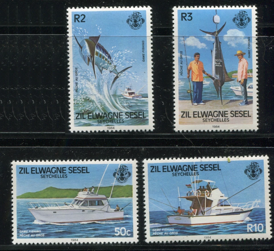 Juego de 4 estampillas de pesca de caza Seychelles 1984 MNH Zil Elwagne Sesel Scott 392-395 Foto 1 de 1