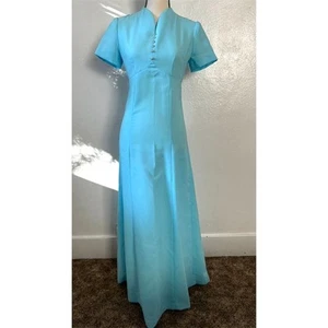 Vintage 1970s Handmade Turquoise Blue Maxi Dress Sm Empire Waist Party Cocktail - Picture 1 of 7