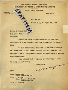 1913 MISSOURI KANSAS CITY MEXICO & ORIENT RAILWAY Company E H SHAUFLER Dickinson - Picture 1 of 1