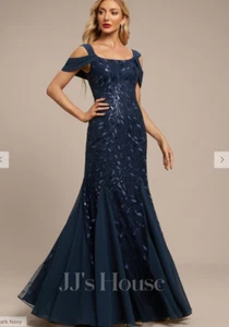 JJ's House Trumpet Cold Shoulder Square Maxi Chiffon Evening Dress (Navy 20W) - Picture 1 of 4