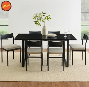 Juego de Comedor 6 Sillas y Mesa Moderno Elegante Wooden Top Kitchen Table Black - Picture 1 of 7