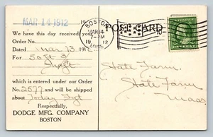 1912 Boston To State Farm MA Postcard Dodge Adjustable Pillow Block Order Update - Picture 1 of 2