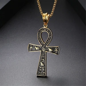 Gold Plated Large Stainless Steel Egyptian Coptic Ankh Cross Pendant Necklace - Picture 1 of 6