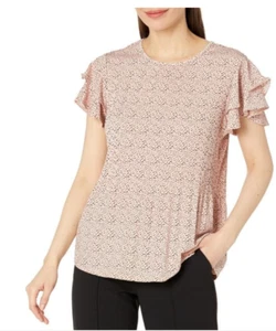 Adrianna Papell Pleated Knit Top XL Blush Pink Black Dots Ruffle Short Sleeve - Picture 1 of 9