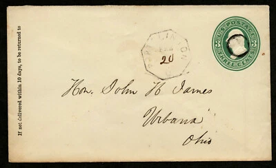 US 1874 #U163 Fancy Cancel "O" Port Clinton/Urbana Ohio Stamped Envelope Cover - Image 1 of 3