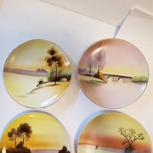 Lot of 5 Meito Japan Small Plates with Hand Painted Colorful Scenes Gold Rim - Picture 1 of 11