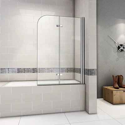 AICA 2 Fold Bath Shower Screen 180° Pivot Hinge Chrome Easyclean Glass 6mm