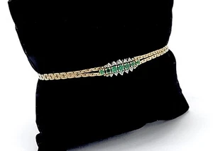 VINTAGE 14K WEAVE LINK EMERALDS & DIAMONDS SLIMLINE BRACELET,7.25" - Picture 1 of 13